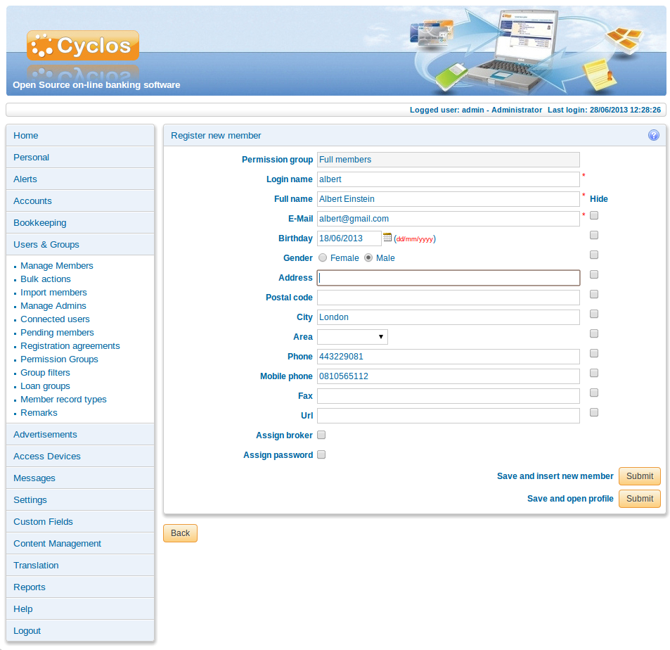 Cyclos creating member