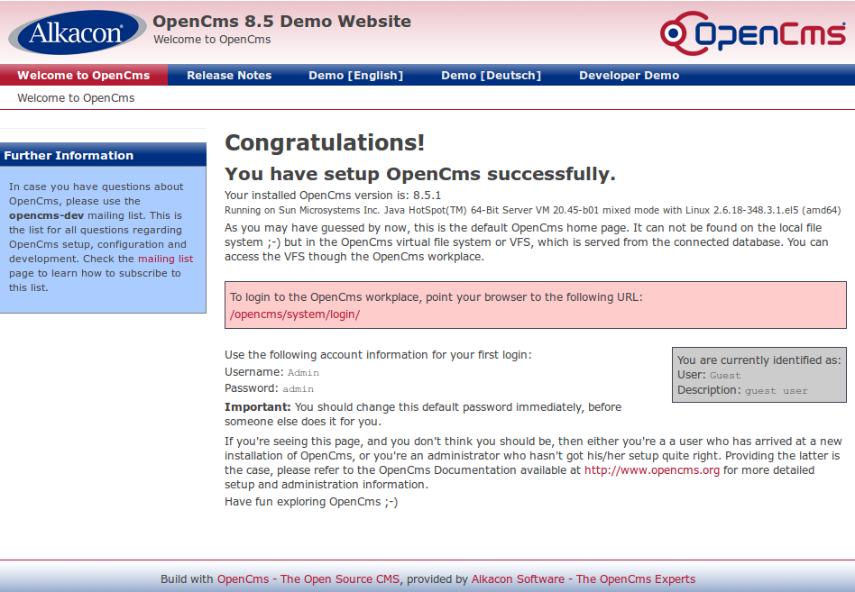 Final screen of OpenCMS installation