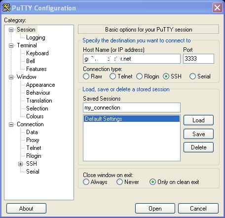 SSH putty define connection