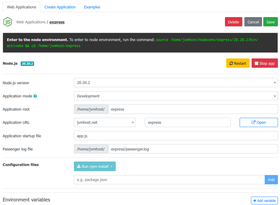 DirectAdmin NodeJS Plugin - Node Environment Edit