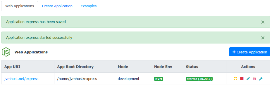 DirectAdmin NodeJS Plugin - Application Started