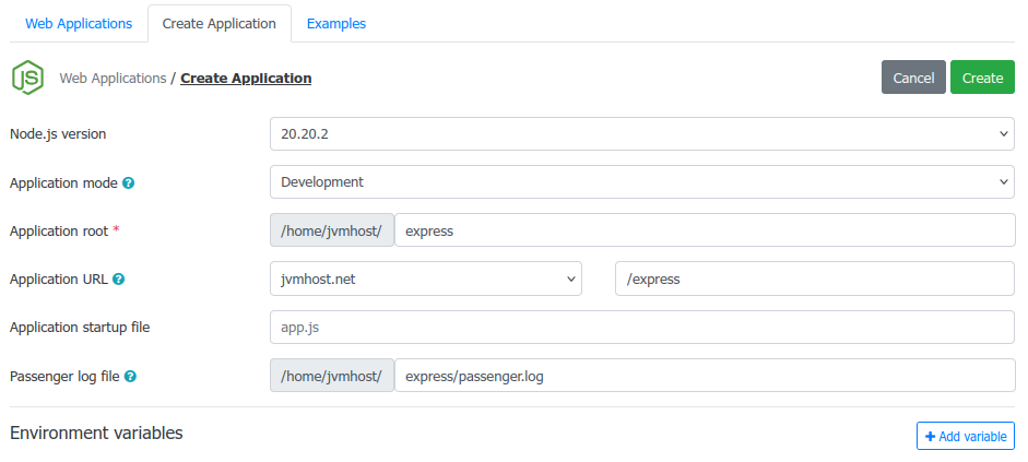 DirectAdmin NodeJS Plugin - Create Application