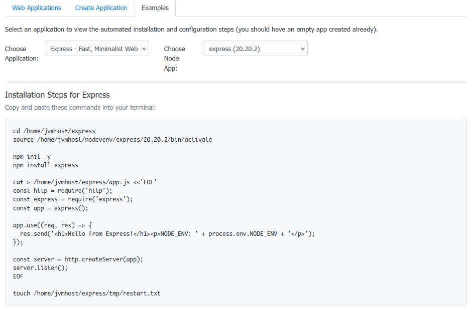 DirectAdmin NodeJS Plugin - Example Commands
