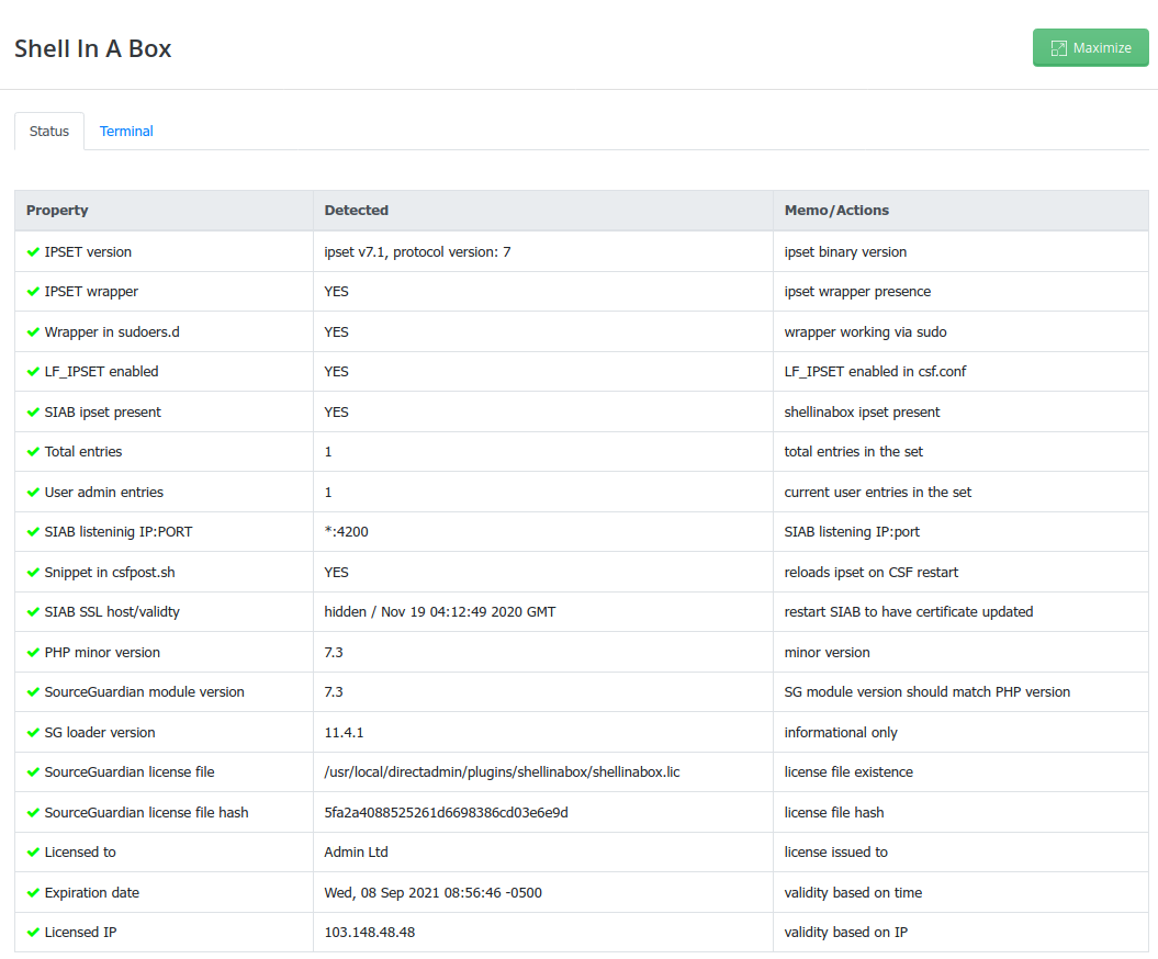 DirectAdmin Shell In A Box Plugin status page