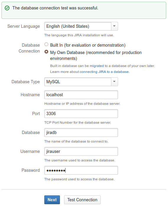 JIRA Wizard configure database