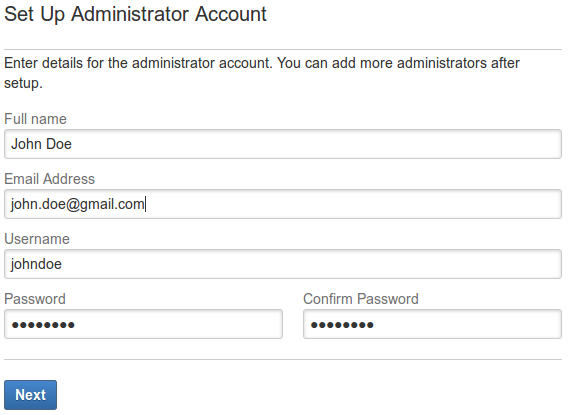 JIRA Wizard setup admin account