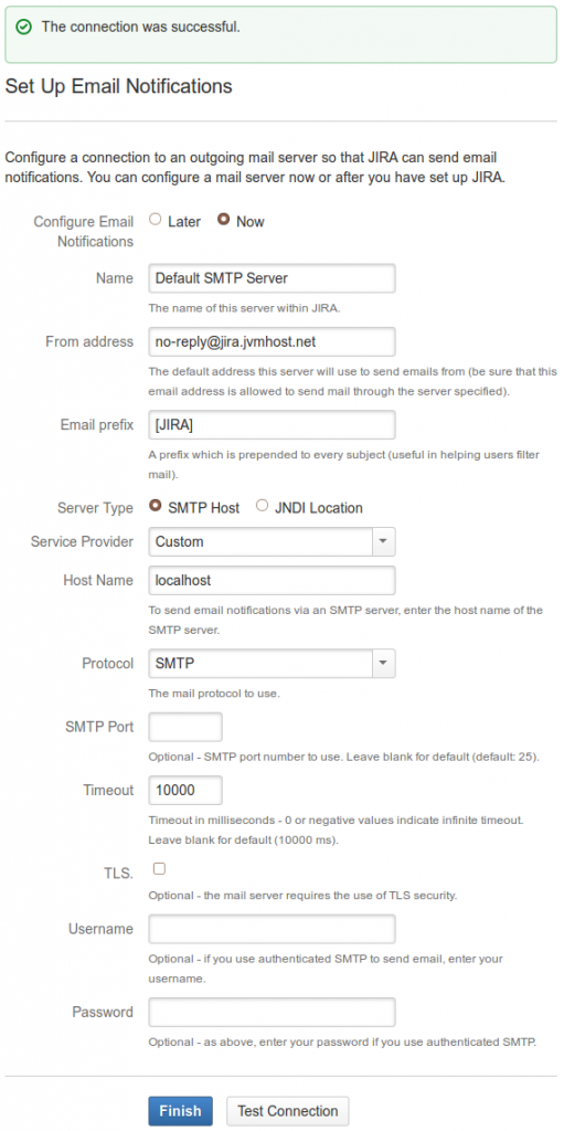 JIRA Wizard configure mail server