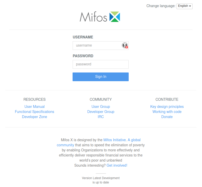 Initial login screen of Mifos X